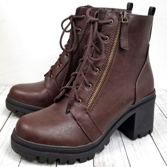 New Brown Combat Lace Up Lug Ankle Boots Booties - Picture 2 of 6